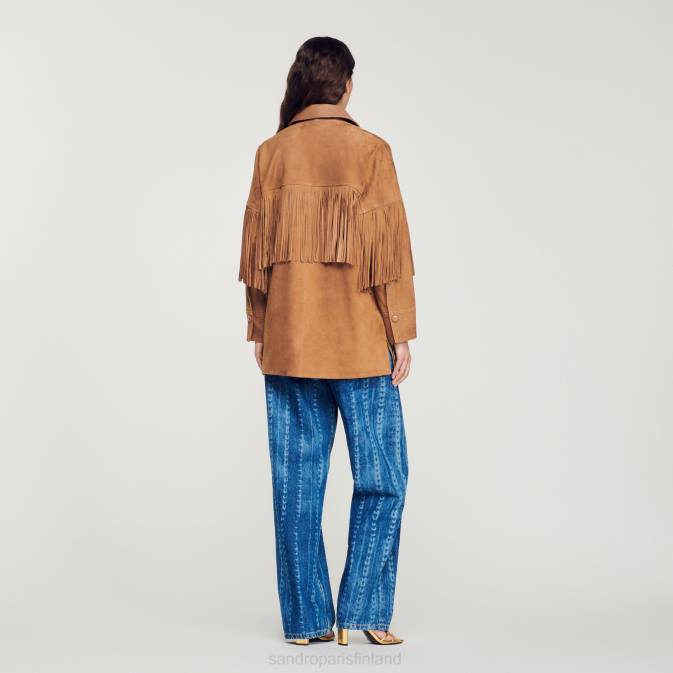 Sandro Paris naiset pitkä hapsuinen nahkatakki VLHP443 vaatteet kameli