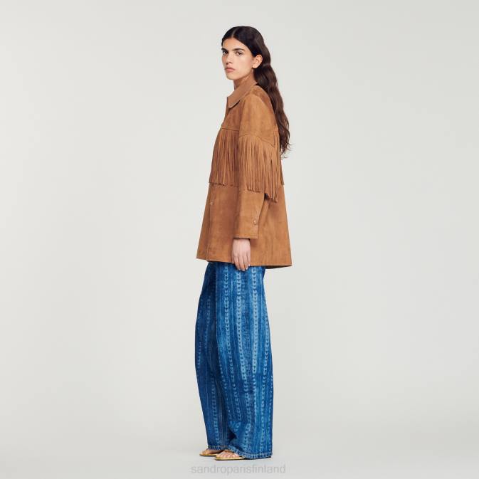 Sandro Paris naiset pitkä hapsuinen nahkatakki VLHP443 vaatteet kameli