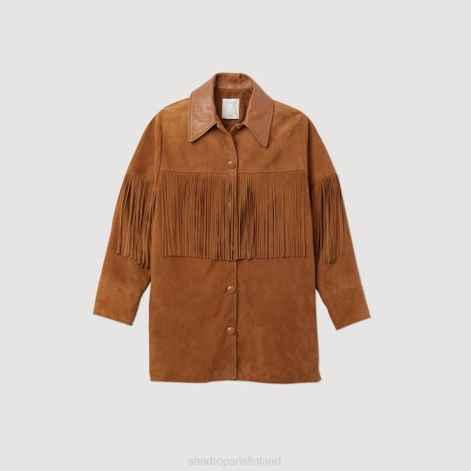 Sandro Paris naiset pitkä hapsuinen nahkatakki VLHP443 vaatteet kameli