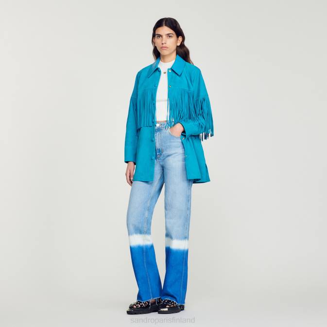 Sandro Paris naiset pitkä hapsuinen nahkatakki VLHP444 vaatteet turkoosi