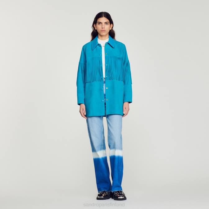 Sandro Paris naiset pitkä hapsuinen nahkatakki VLHP444 vaatteet turkoosi