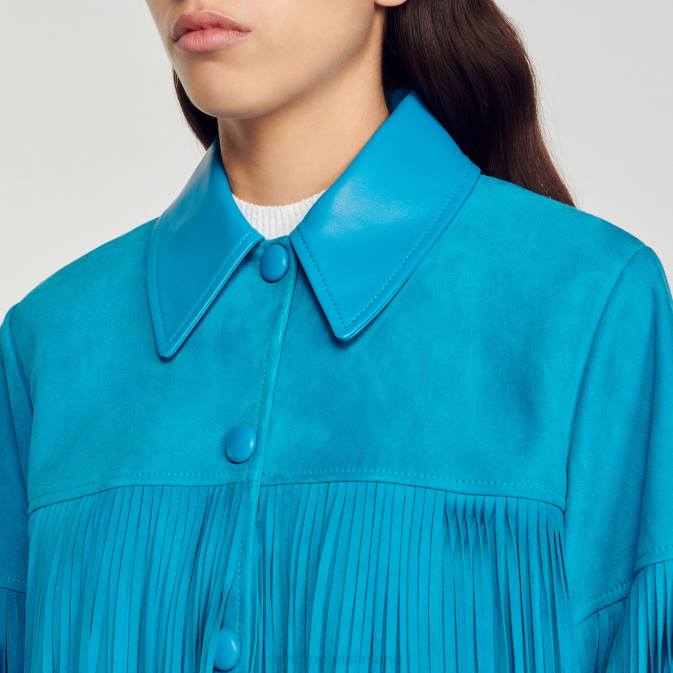 Sandro Paris naiset pitkä hapsuinen nahkatakki VLHP444 vaatteet turkoosi