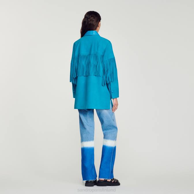 Sandro Paris naiset pitkä hapsuinen nahkatakki VLHP444 vaatteet turkoosi