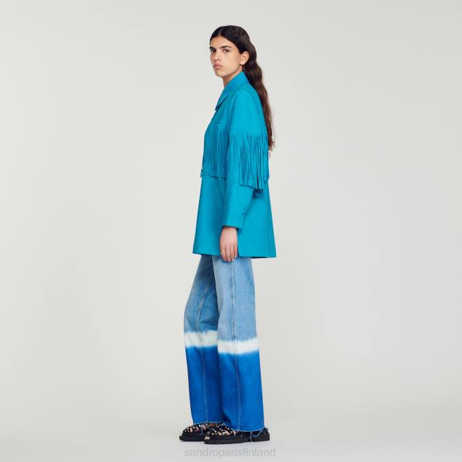 Sandro Paris naiset pitkä hapsuinen nahkatakki VLHP444 vaatteet turkoosi