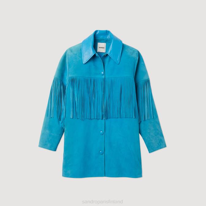 Sandro Paris naiset pitkä hapsuinen nahkatakki VLHP444 vaatteet turkoosi