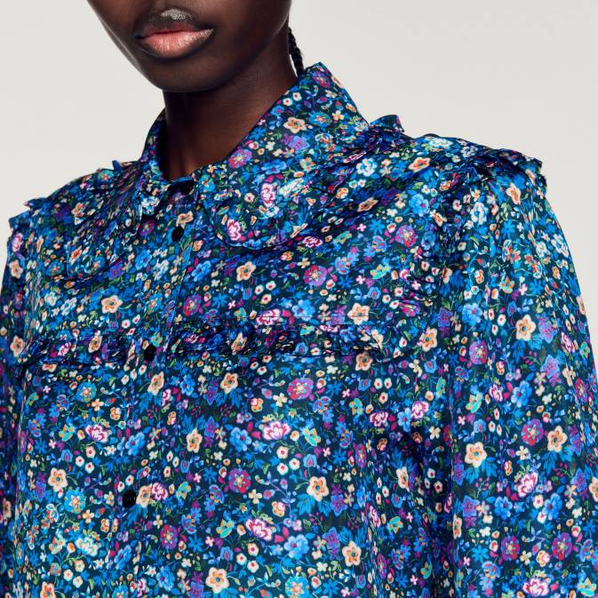 Sandro Paris naiset kukkainen silkkipaita VLHP291 vaatteet sininen/violetti