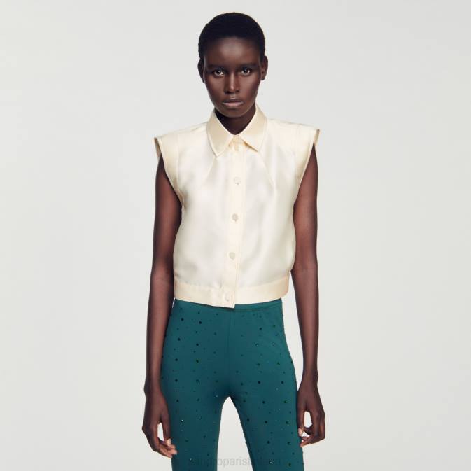 Sandro Paris naiset leikattu satiinipaita VLHP54 vaatteet beige