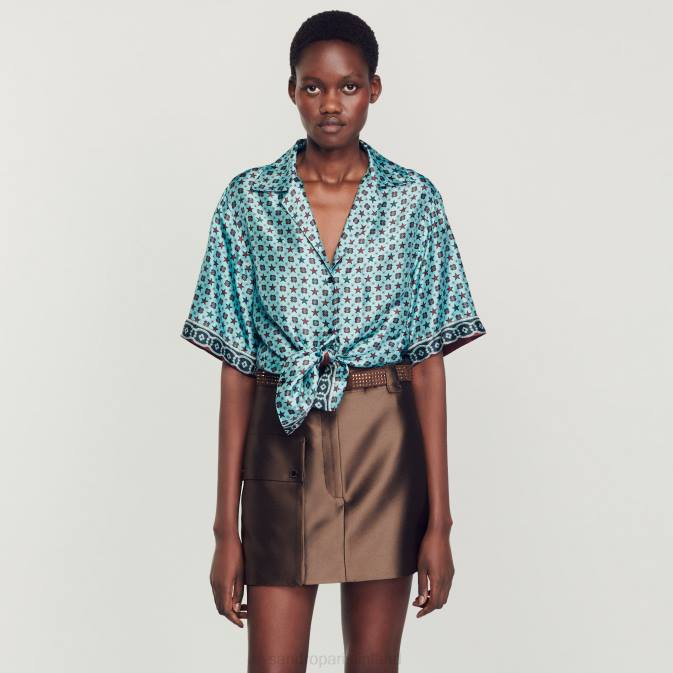 Sandro Paris naiset painettu paita VLHP82 vaatteet turkoosi/ruskea