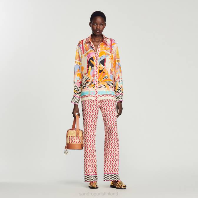 Sandro Paris naiset painettu silkkipaita VLHP188 vaatteet oranssi/vaaleanpunainen