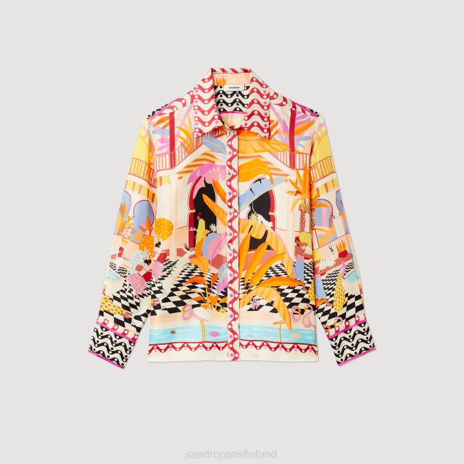 Sandro Paris naiset painettu silkkipaita VLHP188 vaatteet oranssi/vaaleanpunainen