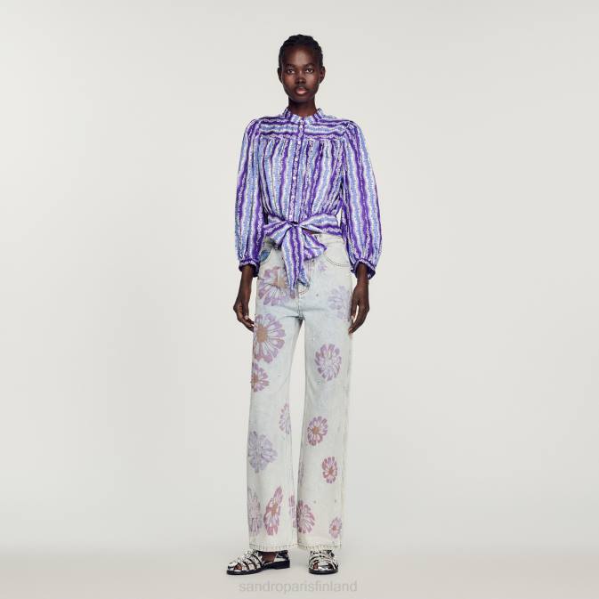 Sandro Paris naiset rajattu silkkipaita, jossa kukkakuvio VLHP431 vaatteet violetti/sininen