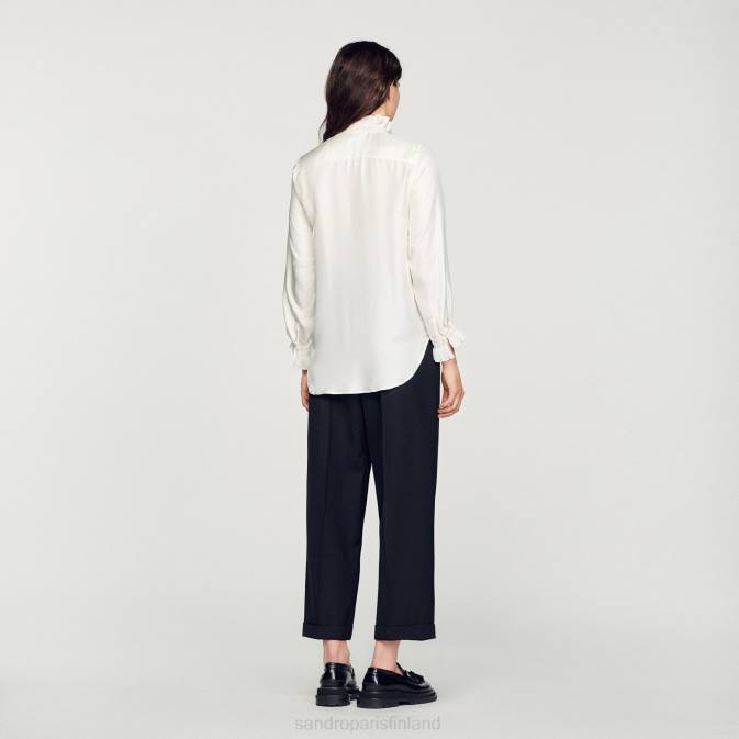 Sandro Paris naiset silkkipaita rypytetyllä kauluksella VLHP101 vaatteet ekru